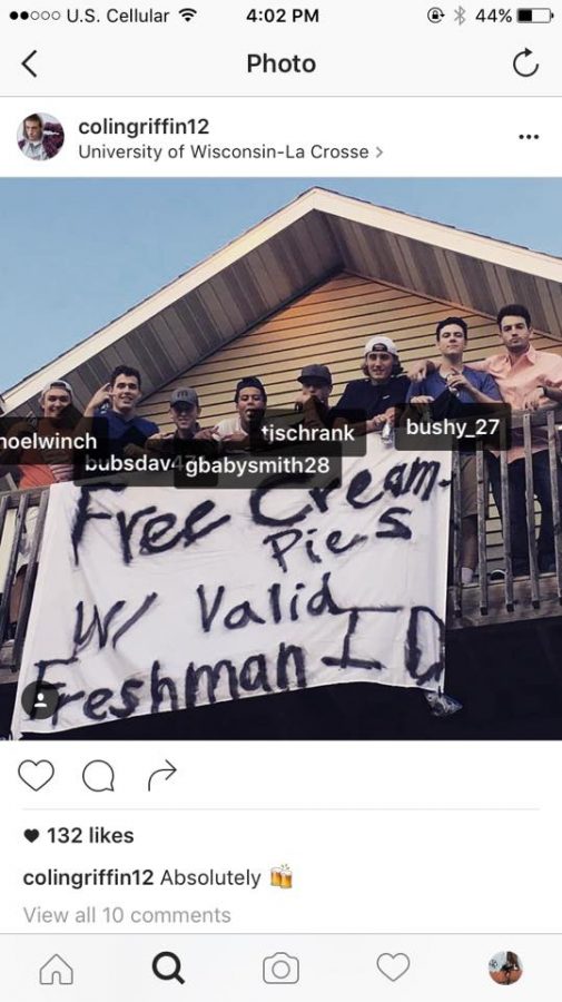 A screenshot of Instagram post displaying students with the Free Cream Pies with Valid Freshman ID banner off-campus at the University of Wisconsin - La Crosse.