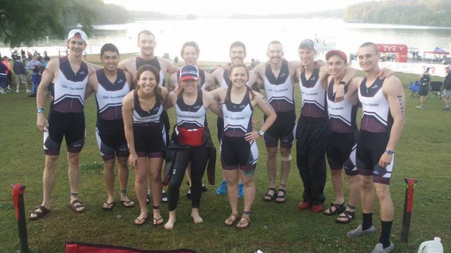 The UW-L Triathlon Team at their National Championship Race in April (Managing Editor Noah Finco 4th from the right)