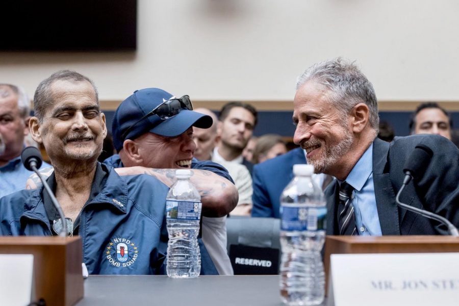 Luis Alvarez (left) and John Stewart (right) at the Congressional hearing for the 9/11 fund. Photo by Zach Gibson.