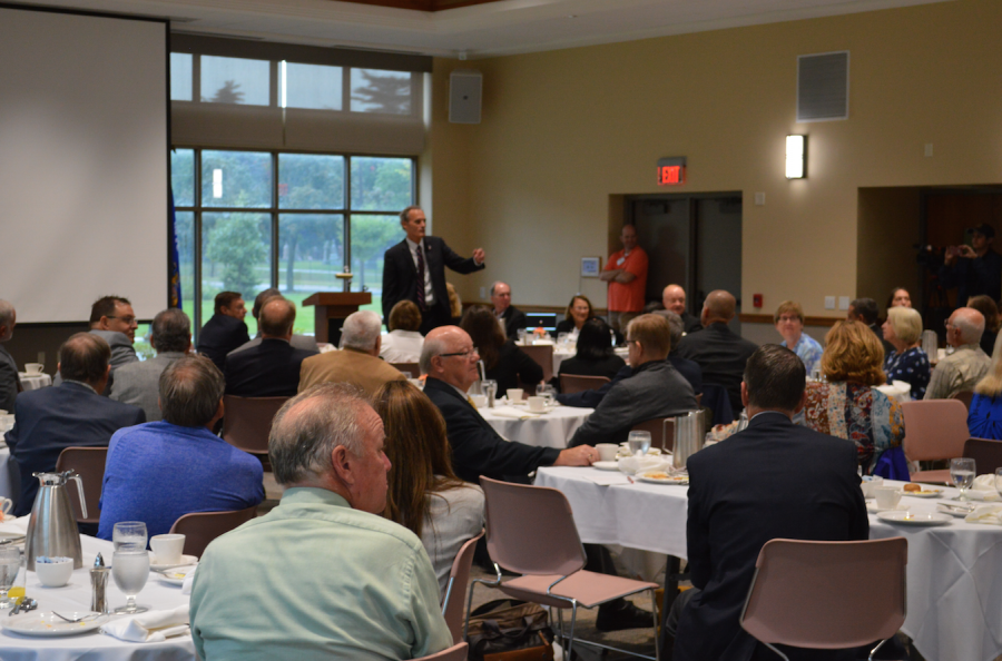 Audience gathers at the Cleary and Friends  Alumni Center on Sept. 19 to honor and discuss the donation. Photo by Maija Sikora.