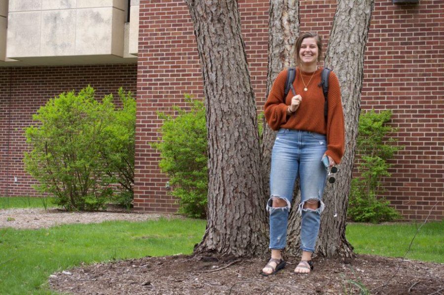 UWL student Livi Hackbarth poses outside of Murphy Library.