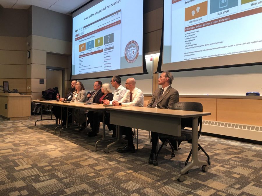 Chancellor Joe Gow and Title IX team at the open forum. Photo taken by  Sam Stroozas.