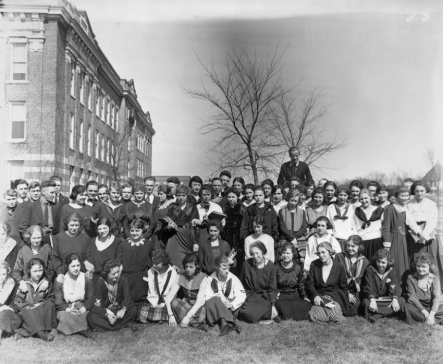 Students at UWL circa 1920. All students are white, due to La Crosses lack of diversity.