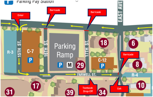 Map of curbside drop-off options at UWL. 