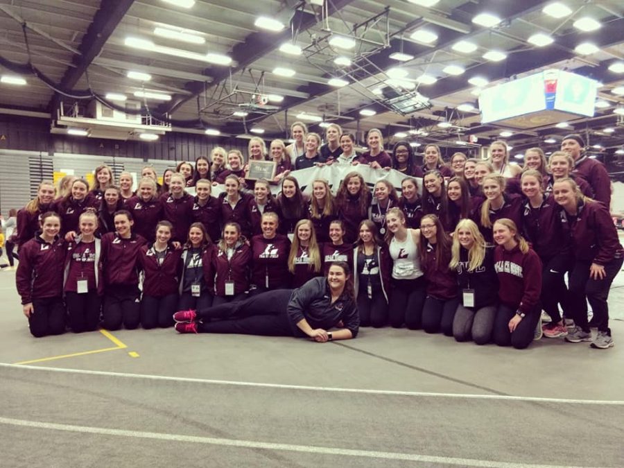 A photograph of the Women's Track and Field team at the 2020 WIAC Championships.