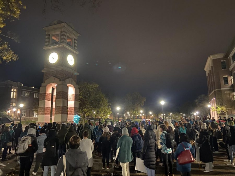 Protestors gathered around the Hoeschler Clock Tower.