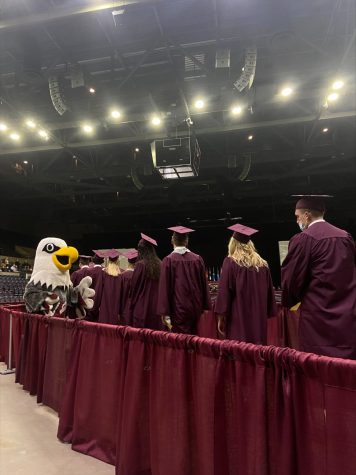 A photograph of UWL graduates walking in line and shaking hands with UWL mascot Stryker the Eagle.