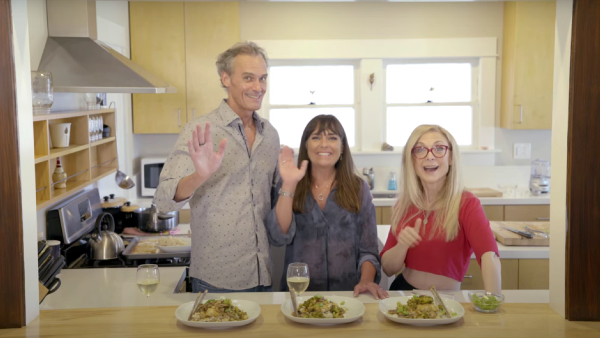Joe Gow, Carmen Wilson and Nina Hartley. (Photo taken from Kung Pao Kod with Nina Hartley on the Sexy Healthy Cooking YouTube channel.)