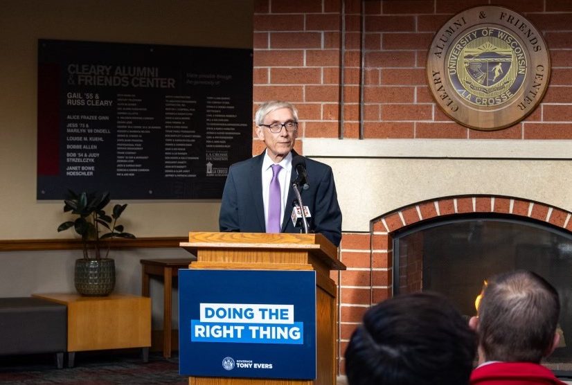 Evers speaking in the Cleary Center. Photo by John Gaynor. 