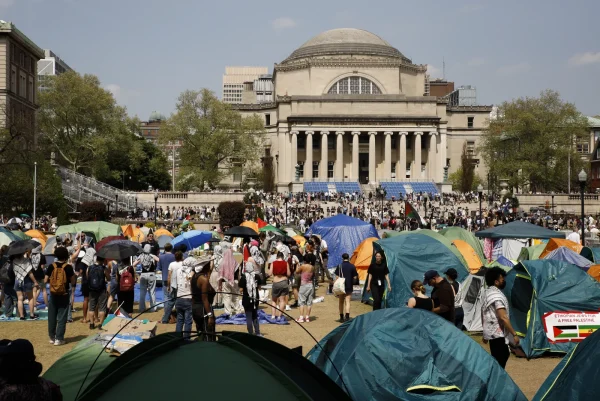 Student protesters gather in protest inside their encampment on the Columbia University campus, Monday, April 29, 2024, in New York.(AP Photo/Stefan Jeremiah)