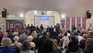 Gwen Walz speaking before the debate on Tuesday. Photo taken by Ellie Davis. 