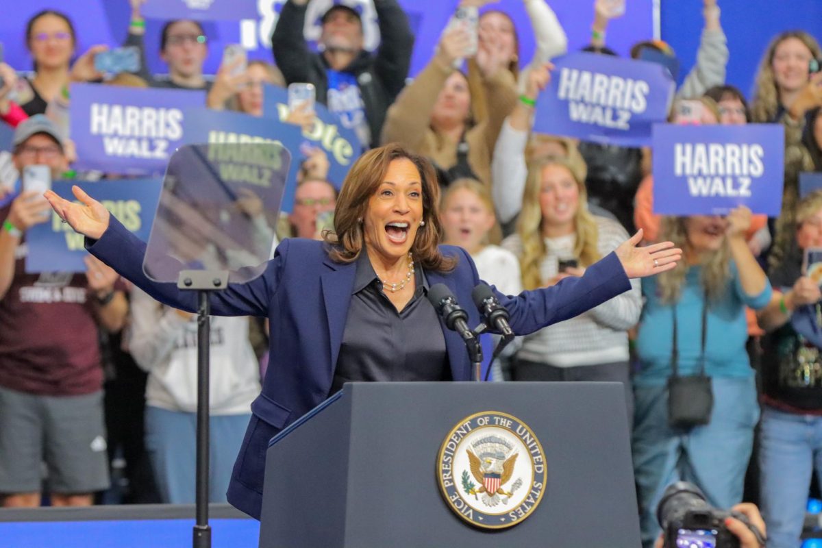 Vice President Kamala Harris excites the crown at her campaign rally on Thursday, Oct. 17, 2024, at UWL. Photo taken by John Gaynor. 