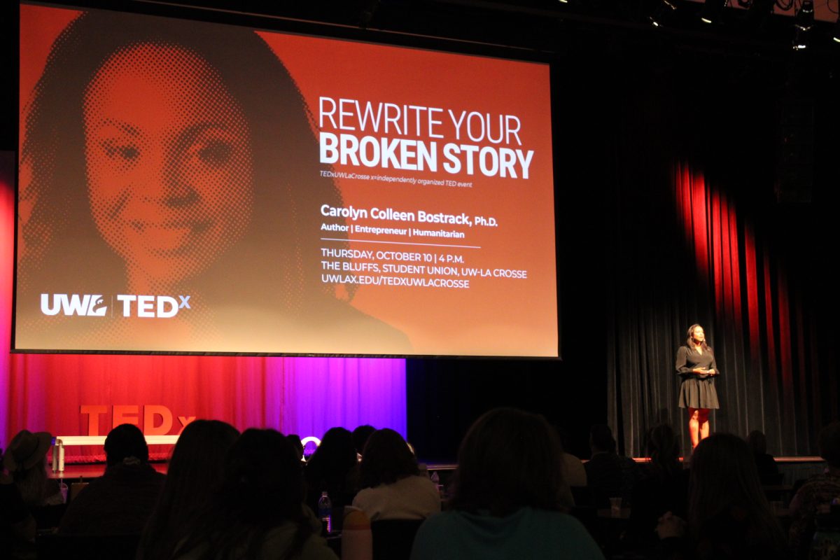 Dr. Carolyn Colleen Bostrack speaking at the TEDxUWLaCrosse event.