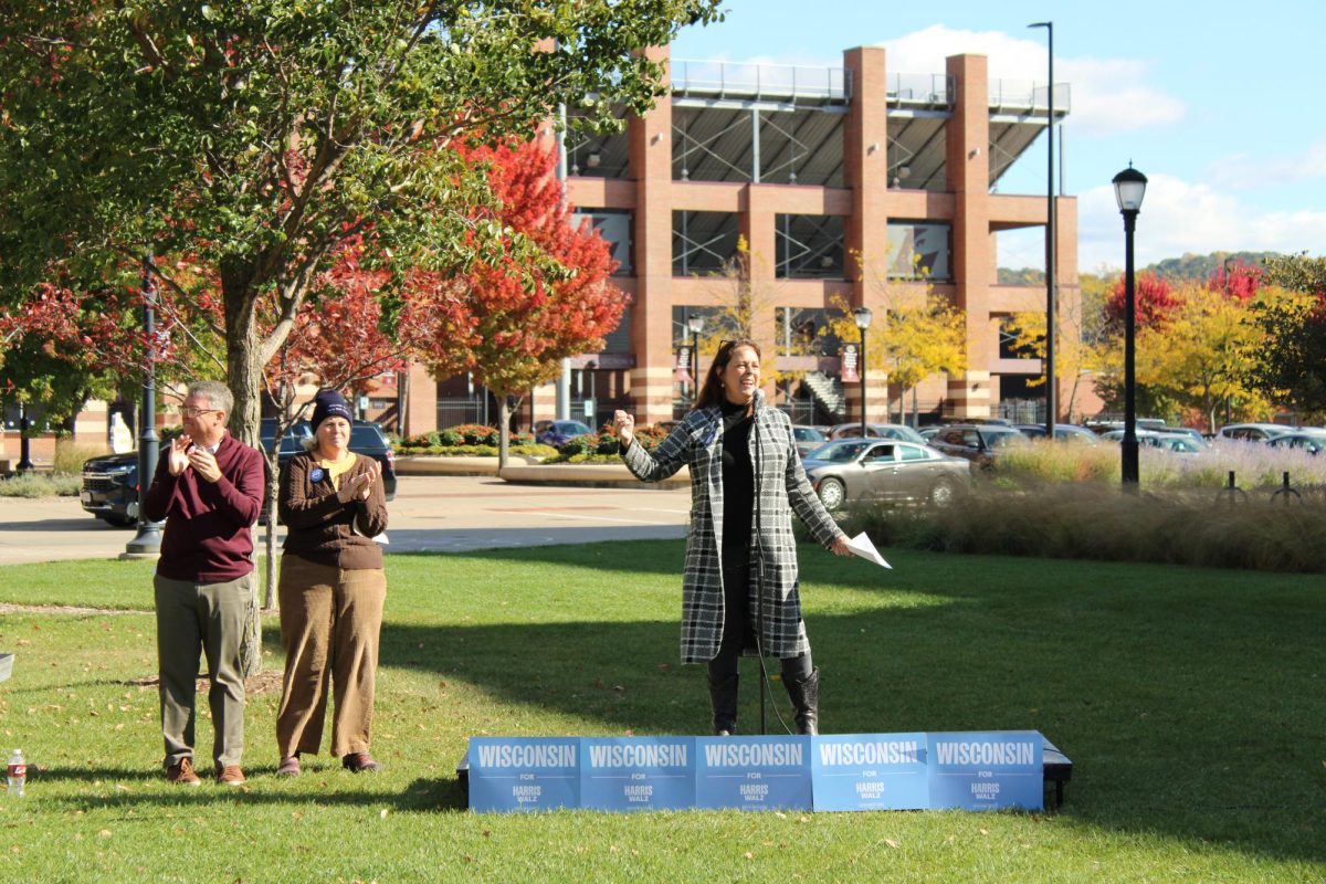 Member of the Wisconsin State Assembly Jill Billings addresses a crowd. 