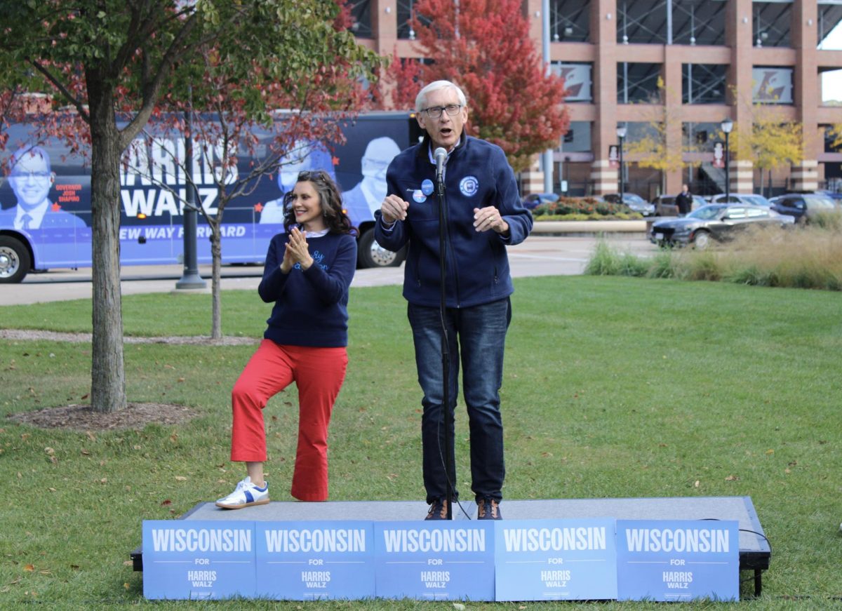 Wisconsin Governor Tony Evers addresses a crowd. 