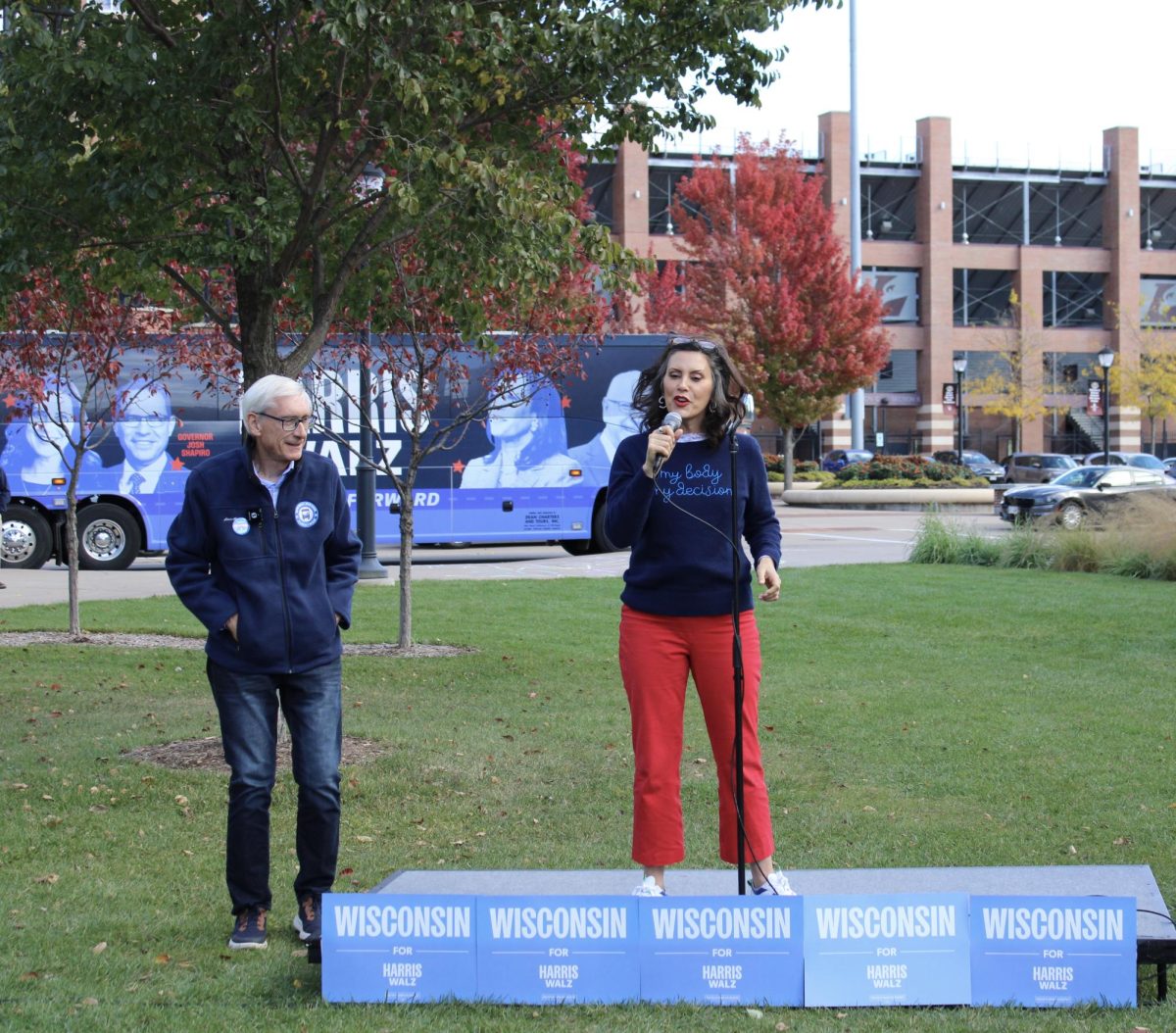 Michigan Governor Gretchen Whitmer addresses a crowd. 