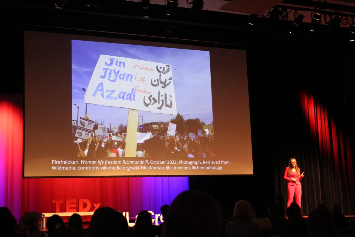 Dr. Sona Kazemi speaking at the TEDxUWLaCrosse event.