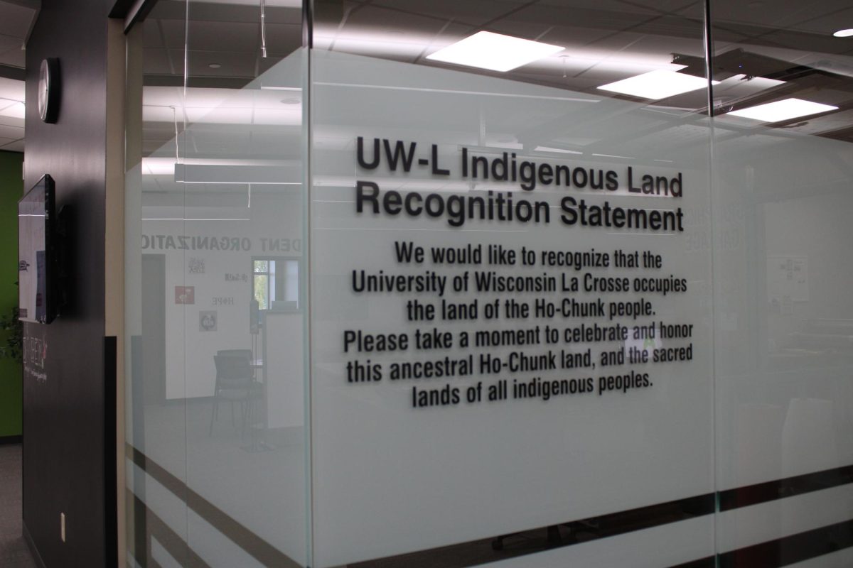 UWL Land Recognition Statement in the COVE, Student Union. Photo taken by Hephzibah Ohihoin. 