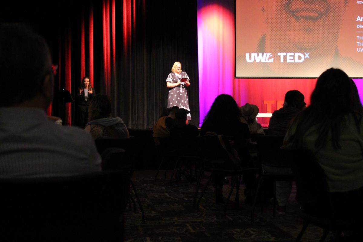 Provost & Vice Chancellor Betsy Morgan speaking at the TEDxUwLaCrosse event. 