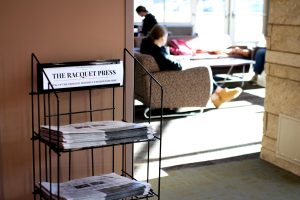 The Racquet near the fireplace in the Student Union. 