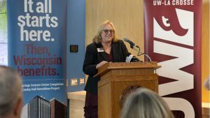 Betsy Morgan addressing the campus community in 2024. Image retrieved from uwlax.edu. 